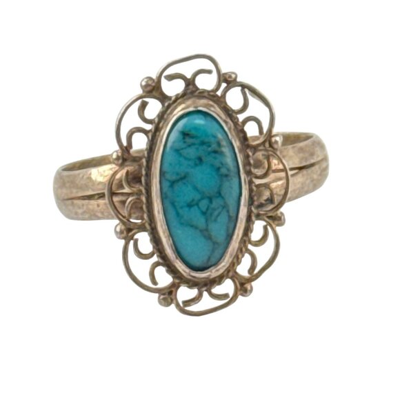 Vintage Sterling Silver Filigree Ring with Oval Turquoise Stone Size 3.75 - Picture 2 of 5